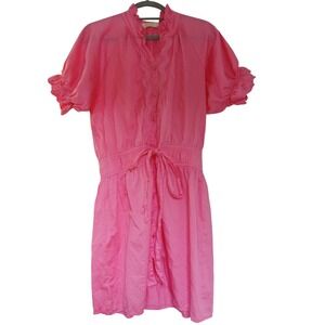 STARK Pink Ruffle ric rac Mini Dress Short Sleeve‎ Button Down Tie Waist Women's
